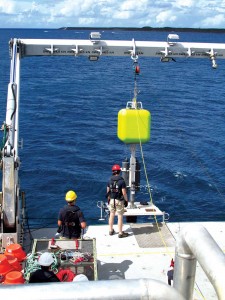 The Falkor crew launches the brand new full ocean depth lander off the aft deck Falkor. 